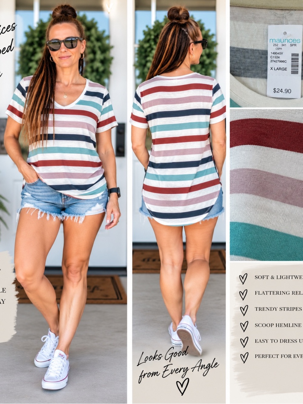 Maurices Striped Scoop-Hem V-Neck Tee - White, Teal, Navy, Rust, Dusty Rose